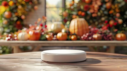 Naklejka premium Festive autumn table display with pumpkins and a blank white platform for product presentation, set against colorful fall decor.