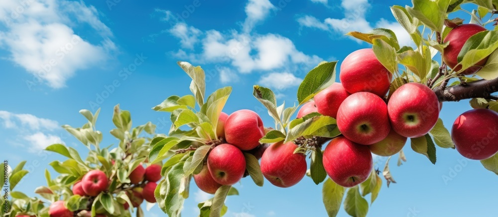 Poster high quality photo featuring a close-up of an apple tree branch with ripe red apples, with a clear b