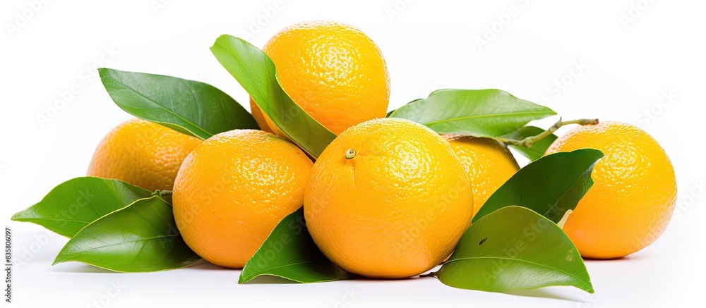 Poster two oranges hanging on a branch in a secluded white background provide a copy space image with a cli
