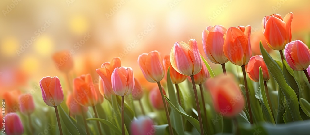 Aufkleber blooming red tulips in a field with copy space image.