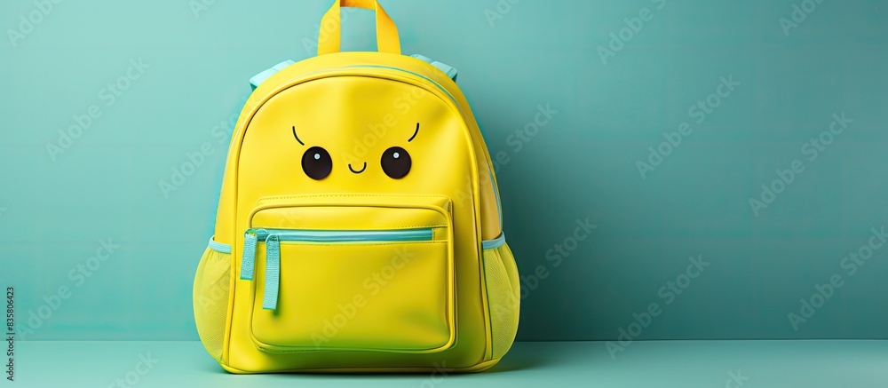 Poster design for back-to-school advertisement featuring a yellow backpack filled with school supplies disp