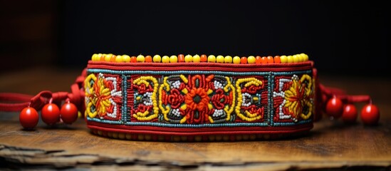 Obraz premium Creating bohemian-style clay jewelry displayed with small beads in a box. Crafting hobby using pliers to work on an incomplete necklace, all in a copy space image.