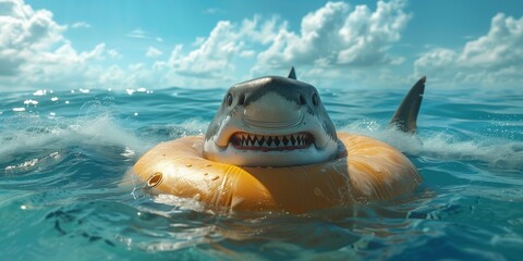 grey shark swimming in a inflated swimming ring in the ocean