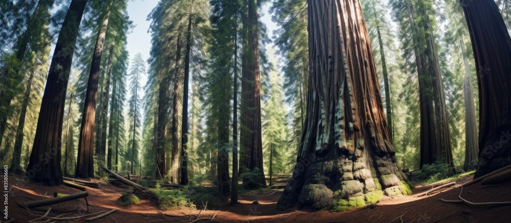 Poster a view from below capturing trees in a redwood forest with copy space image.