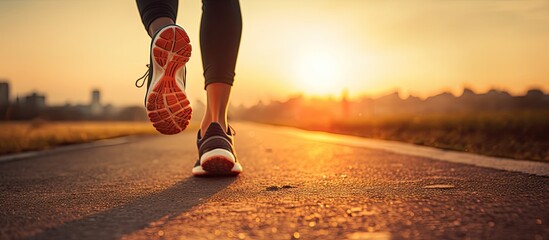 Image of a runner's feet in motion on a road with a focus on the running shoe, providing a strong visual with copy space image potential.