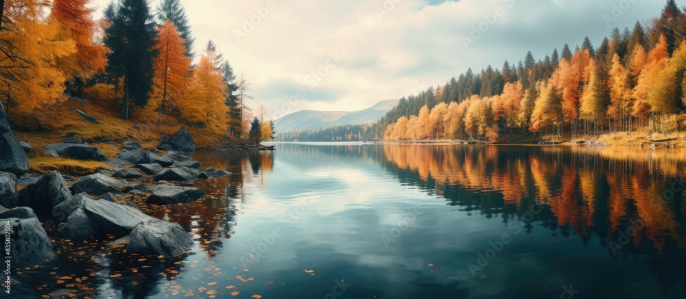 Poster autumn lake with cloudy sky and dark background providing a serene setting, ideal for a copy space i