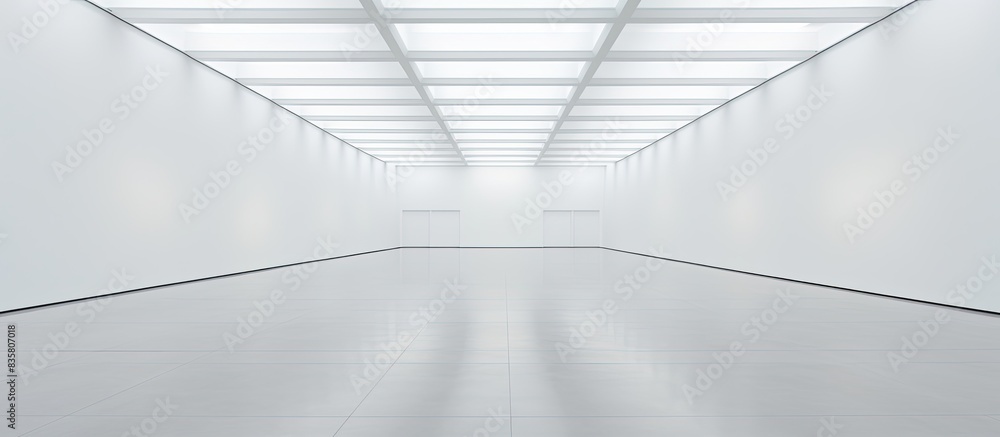 Poster an art gallery's perspective view of an empty white wall with spotlights, ideal for a copy space ima