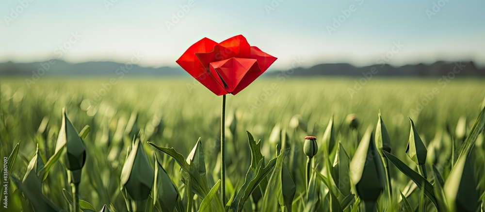 Poster green grass field with an origami poppy placed on a white background, ideal for including text or gr