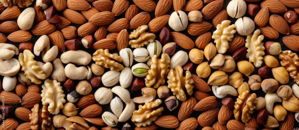 Poster various nuts arranged on a white backdrop in a photo studio with copy space image.