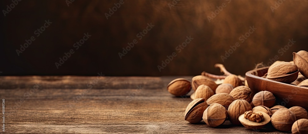 Poster assorted nuts adding variety and flavor to any dish with diverse textures. copy space image. place f