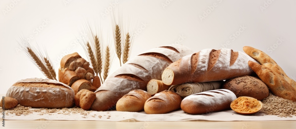 Poster food concept portrayed with a creative bread composition on a white backdrop in a flat lay style wit