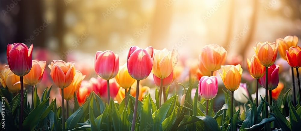 Poster blooming red tulips in a field with copy space image.