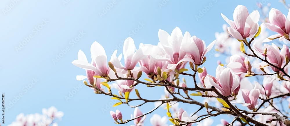 Sticker Magnolia flower on spring branch against white backdrop, with copy space image available.