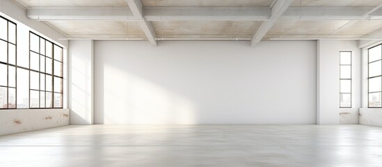 Obraz premium Contemporary conference hall with large windows and an empty white concrete interior design is ideal for events, meetings, or photo shoots with copy space image.