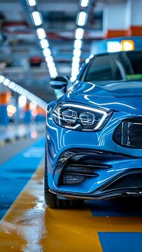 A blue car is parked in a parking lot. The car is shiny and has a nice color