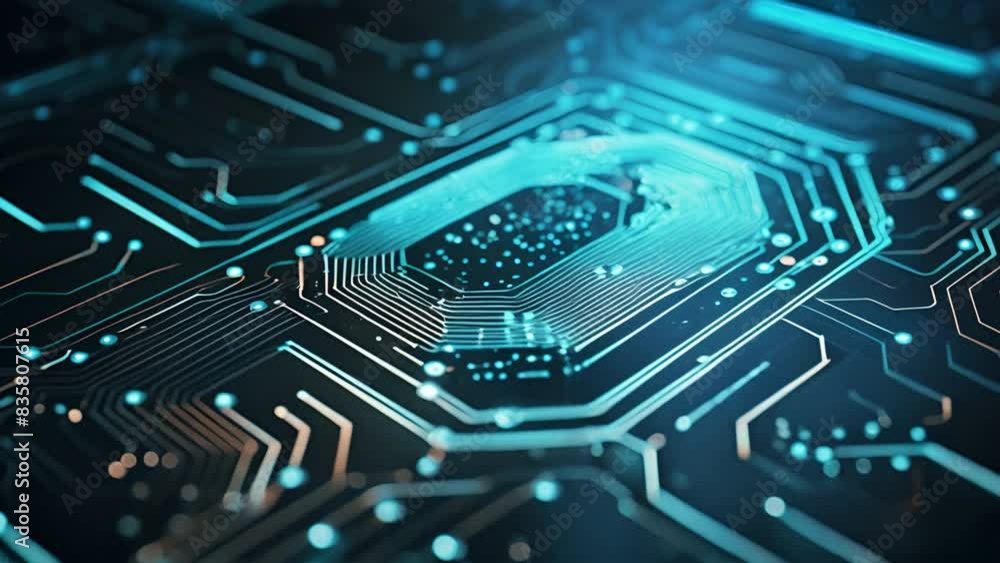 Poster Animated padlock with fingerprint icon on cyber security network technology background.