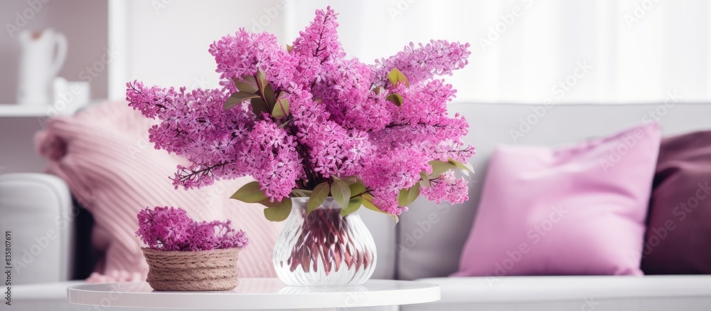 Poster lavender blossoms elegantly arranged on a table in a cozy living area with an empty space for imager