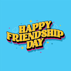 Yellow color fun text of Happy Friendship day with some stars and heart shape elements on blue background. Retro style typography greeting card to celebrate world Friendship Day. Vector illustration.