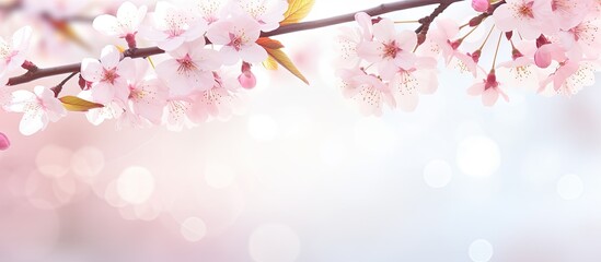 Cherry blossom branches with soft focus against a light blue sky, capturing the beauty of spring with a panoramic copy space image.