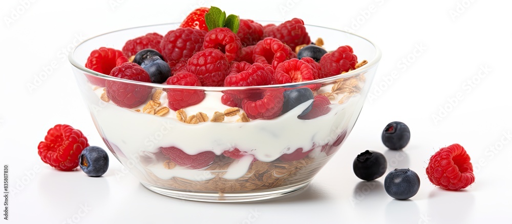 Poster yogurt with raspberries and blueberries in a transparent bowl on a white backdrop with copy space im