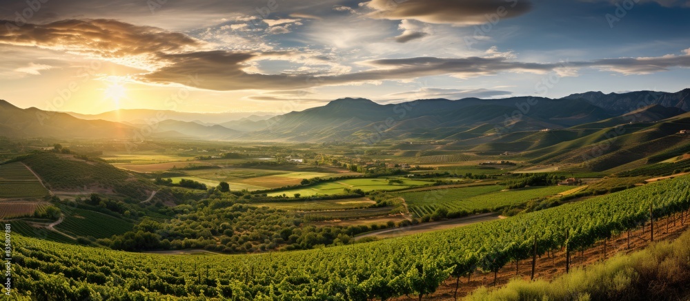 Poster scenic view with vineyards against towering mountains in a copy space image.