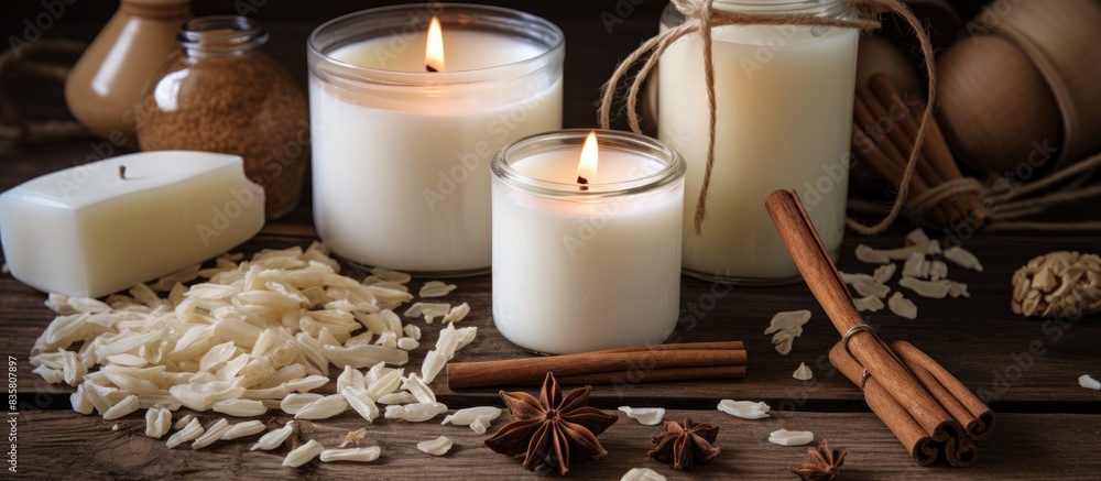 Poster creative hobby concept featuring a diy candle crafting setup with eco soy wax placed on a white tabl