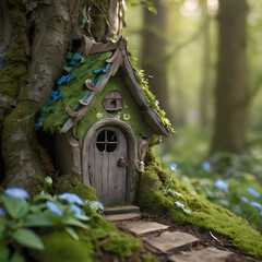 a small green house with a door in the middle of a tree