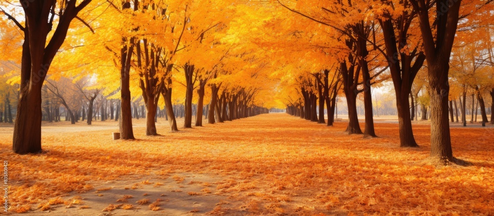Poster autumn scenery with a large golden tree in a forest illuminated by sunlight on a sunny meadow, provi