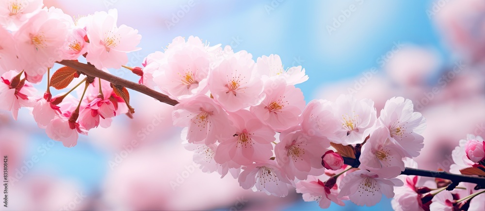 Poster spring scenery with cherry blossoms and butterflies set against a sunny sky with clouds in a large-s