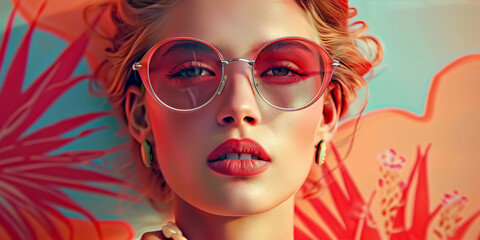 Fototapeta premium Retro style pastel colors summer background. Fashion woman wearing big sunglasses.