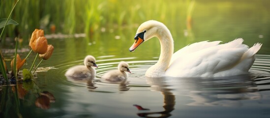 Majestic mute swan interacting with cygnets during golden hour on the serene lake, perfect for a copy space image.