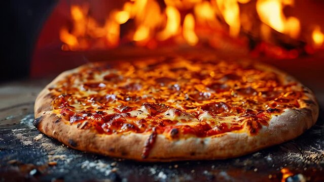 A pizza is sitting in front of a fire. The pizza is covered in pepperoni and cheese