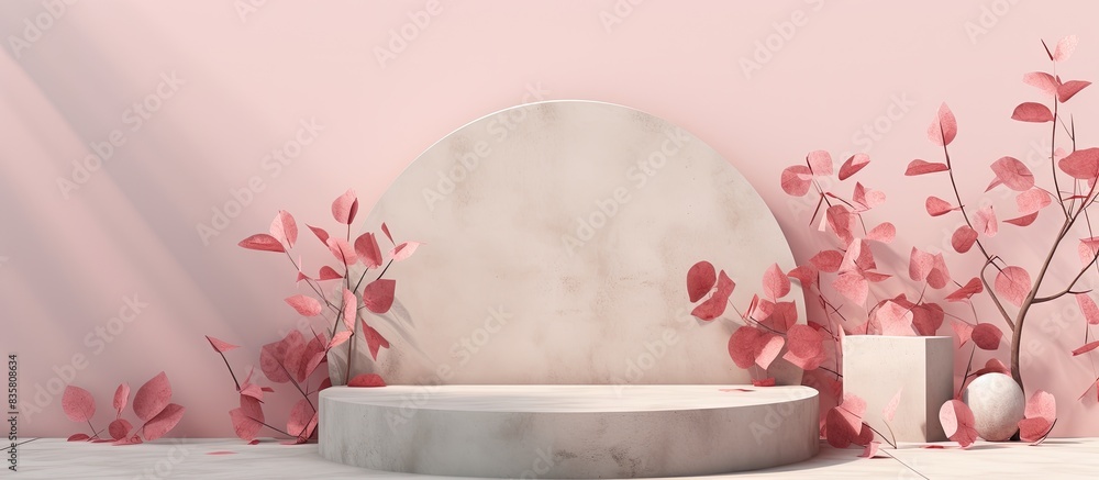 Aufkleber white podium on a pink background with a leafy branch and arch ideal for showcasing cosmetic product