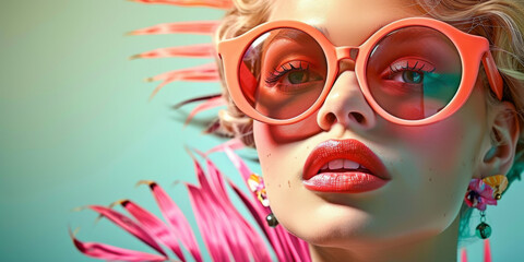 Retro style pastel colors summer background. Fashion woman wearing big sunglasses.