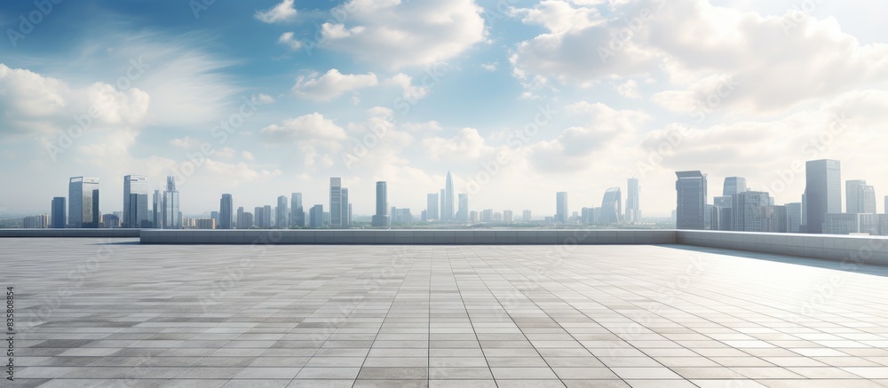 Poster marble floor with cityscape and skyline view against cloudy sky, with wide open copy space image.