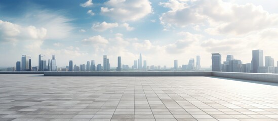 Marble floor with cityscape and skyline view against cloudy sky, with wide open copy space image. - Powered by Adobe