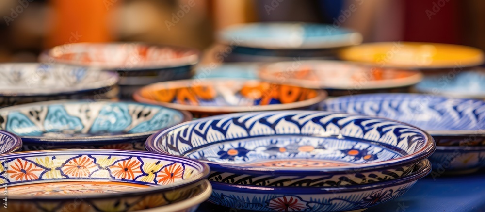 Poster vibrant moroccan pottery and ceramics displayed at souk el had agadir with a colorful array on a cop