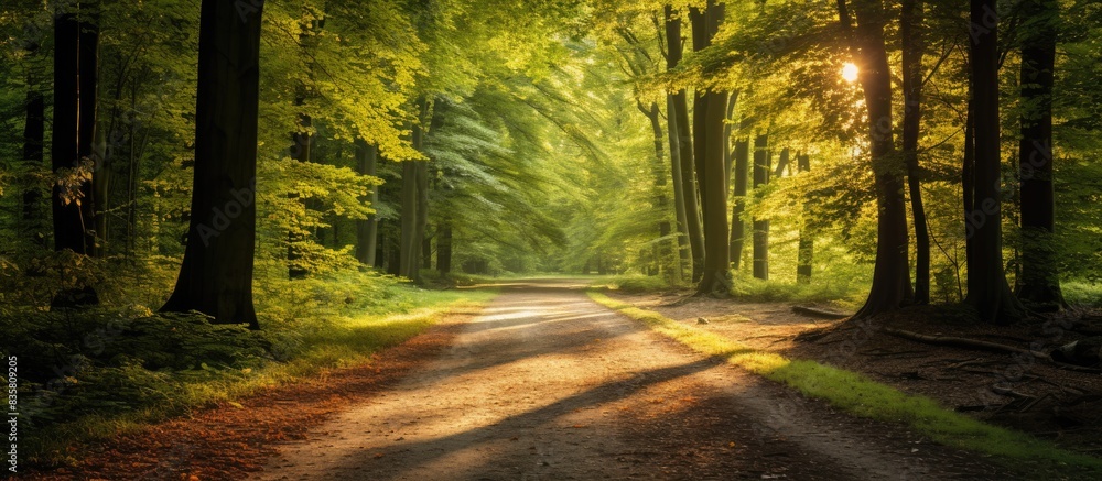 Poster a beautiful autumn forest scene with warm sunlight filtering through golden leaves, a path leading t