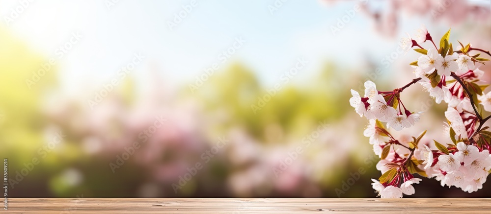 Poster a spring-themed image with white blossoms, sunlight, and a wooden table in the foreground, set again