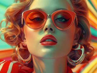 Fototapeta premium Retro style pastel colors summer background. Fashion woman wearing big sunglasses.