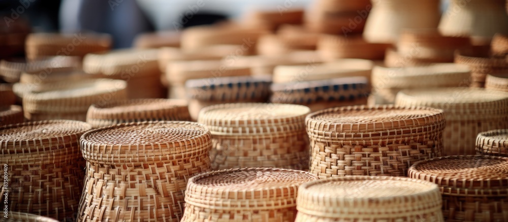 Poster exotic and functional handwoven rattan vases arranged on a white background with copy space image.