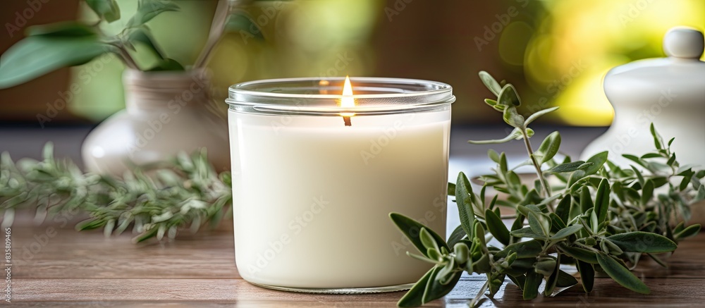 Poster womans hands holding handmade wick candles in glass with a leaf on a craft background in a top view 