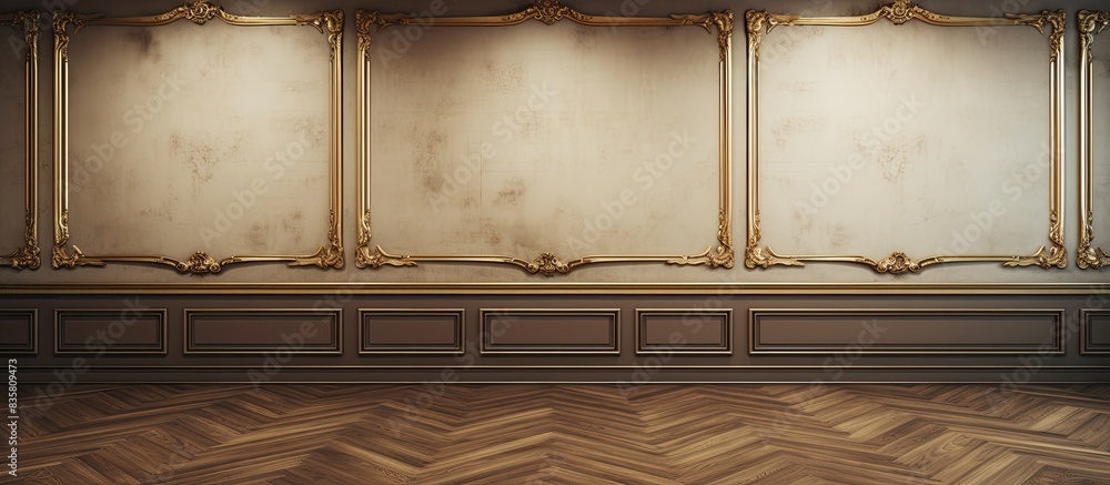 Poster art gallery exhibit showcasing three ornate picture frames on a blank white background with isolated