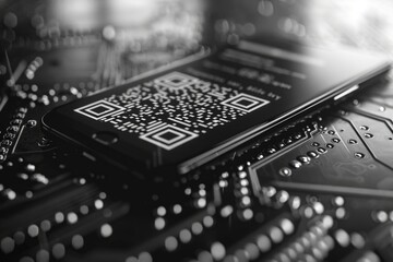 Secure QR Code on Smartphone - Minimalist Monochrome Digital Art