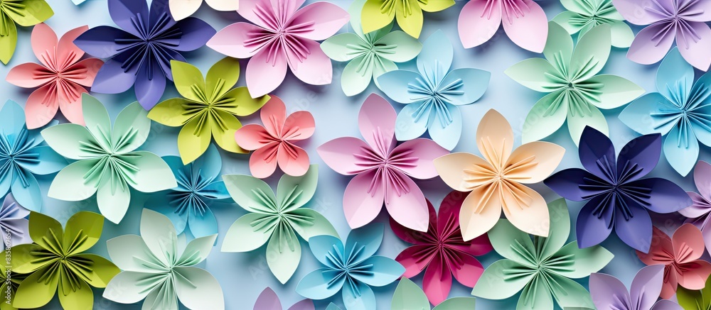 Wall mural handcrafted green leaves on a white origami paper background creating an intricate composition with 