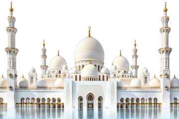 Fototapeta premium Grand Mosque with domes and minarets reflected in water isolated on transparent background. Architectural photography. Religious and cultural landmark concept for design and print.