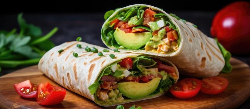 Plate with fresh vegetable-filled tortilla wraps presented with copy space image.