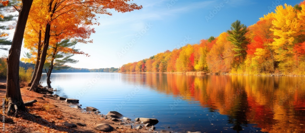 Aufkleber autumn forest with beautiful panoramic views and ample copy space image among the trees.