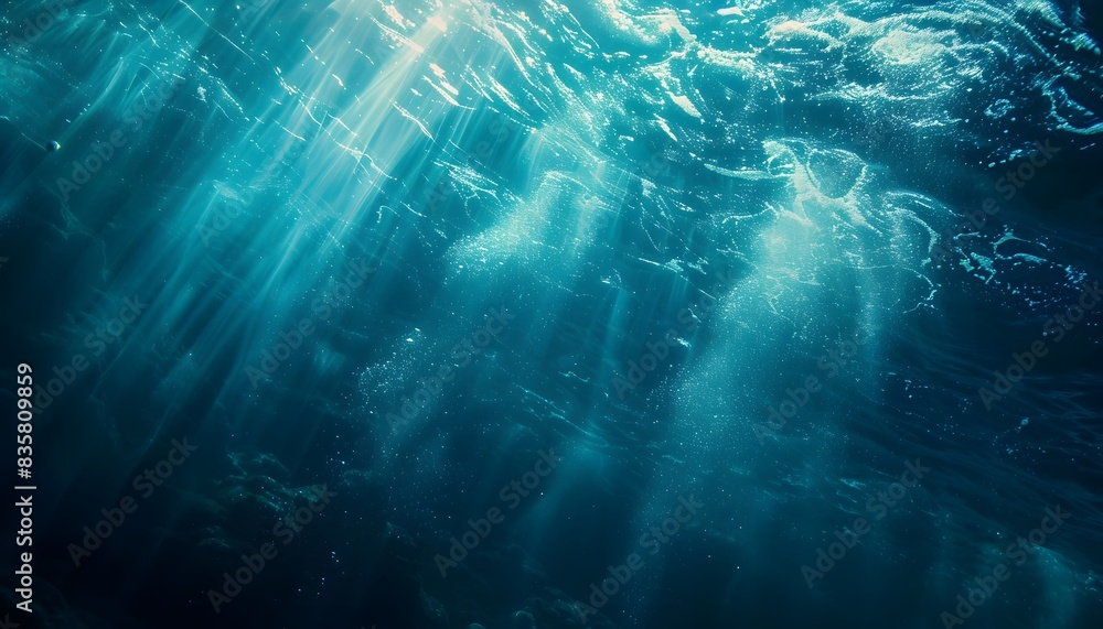 Poster underwater scene with sunlight filtering through the water, creating an ethereal and tranquil atmosp