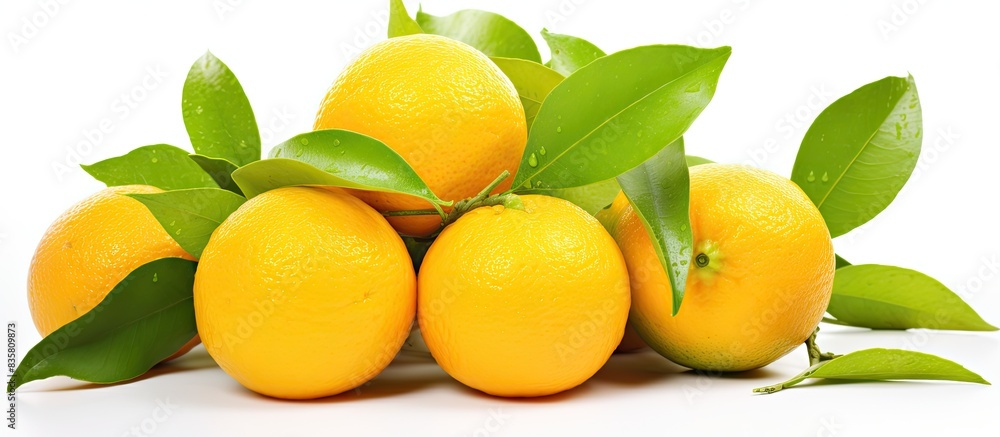 Poster two oranges hanging on a branch in a secluded white background provide a copy space image with a cli